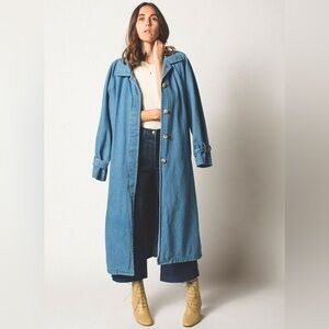 Vintage Denim Long Duster Women’s Trench Coat Outerwear Jacket Button Cotton M/L